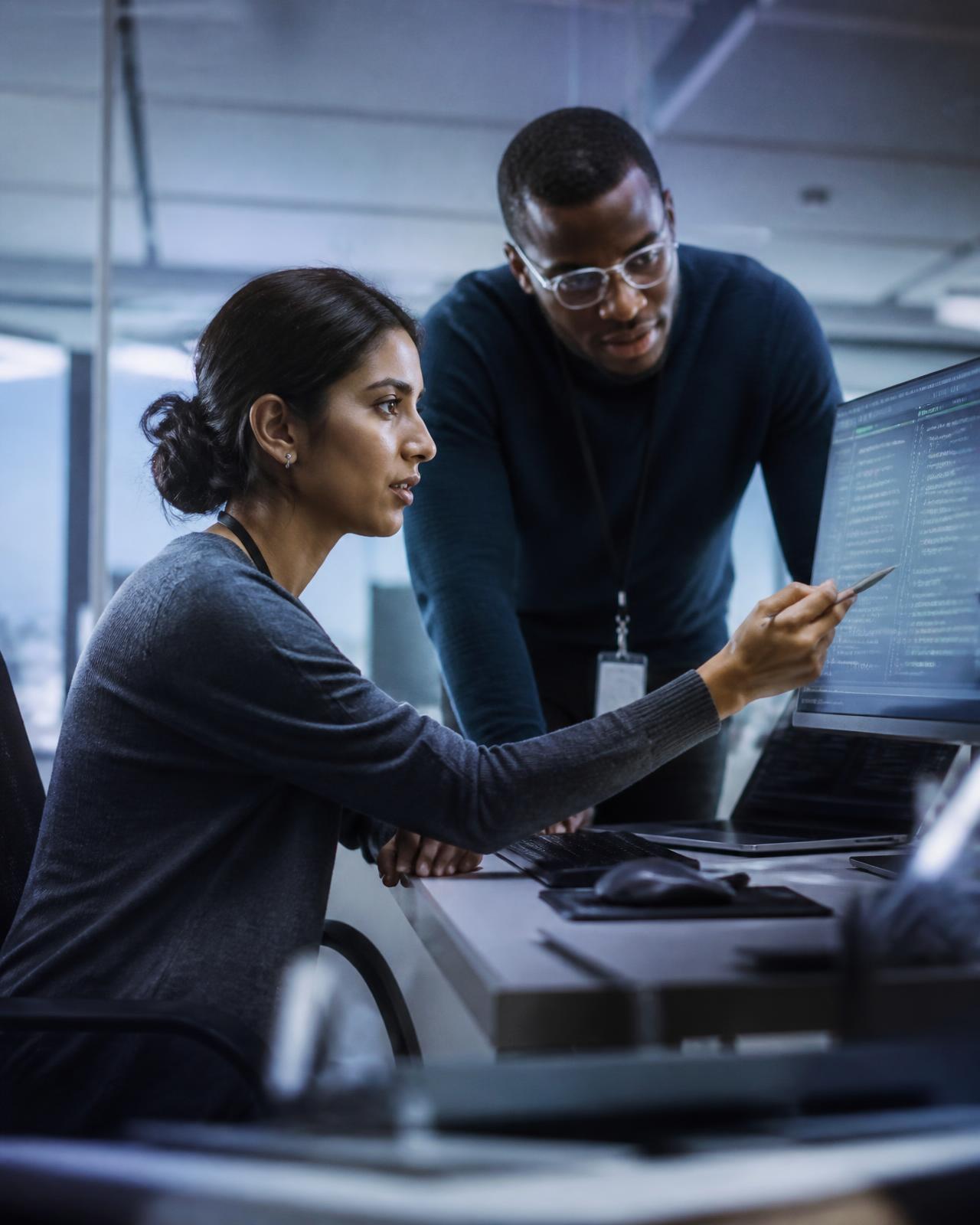 Technology professionals collaborating in a modern office